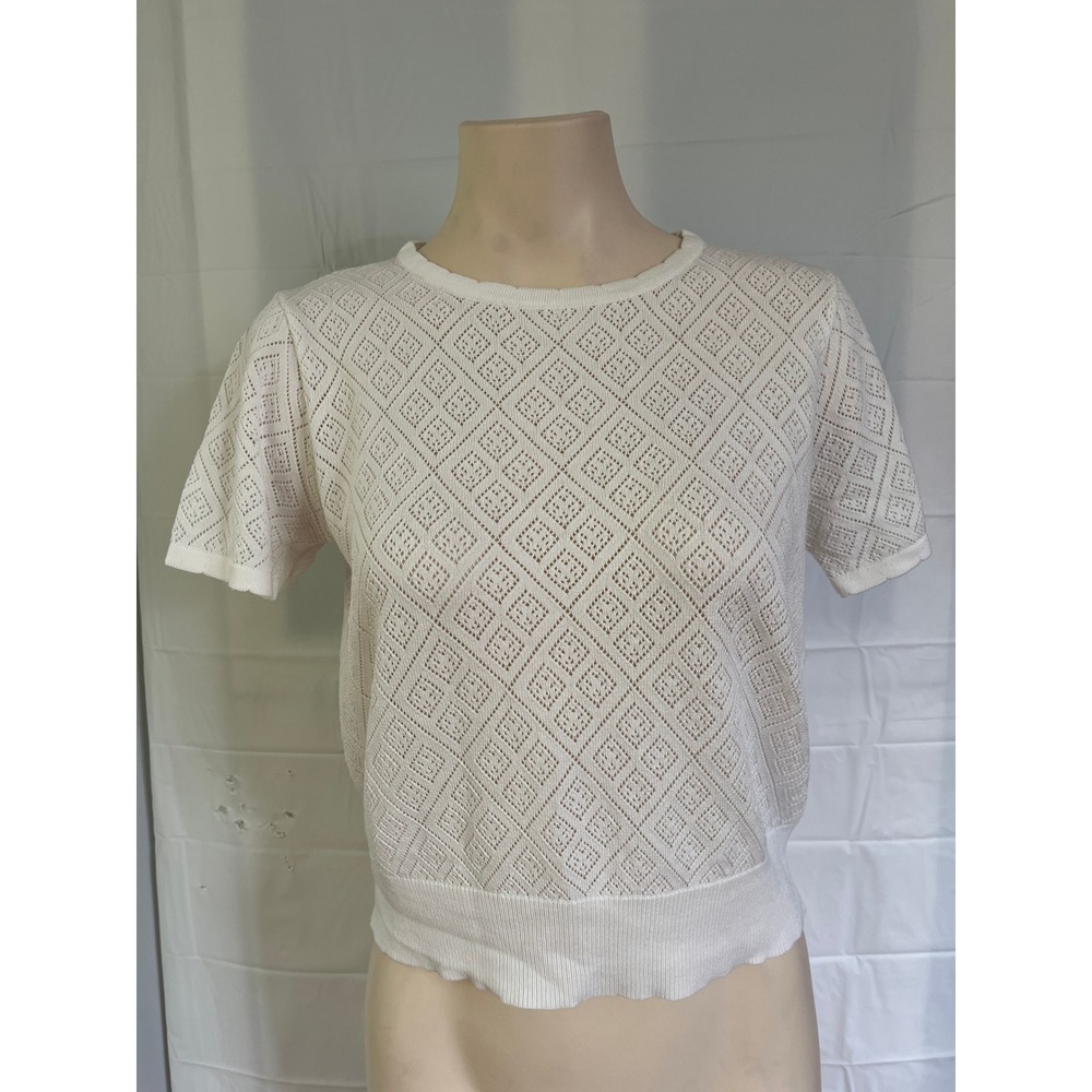 Cherry Paris White Diamond Pointelle Knit Short Sleeve Top Size S/M Crew Neck
